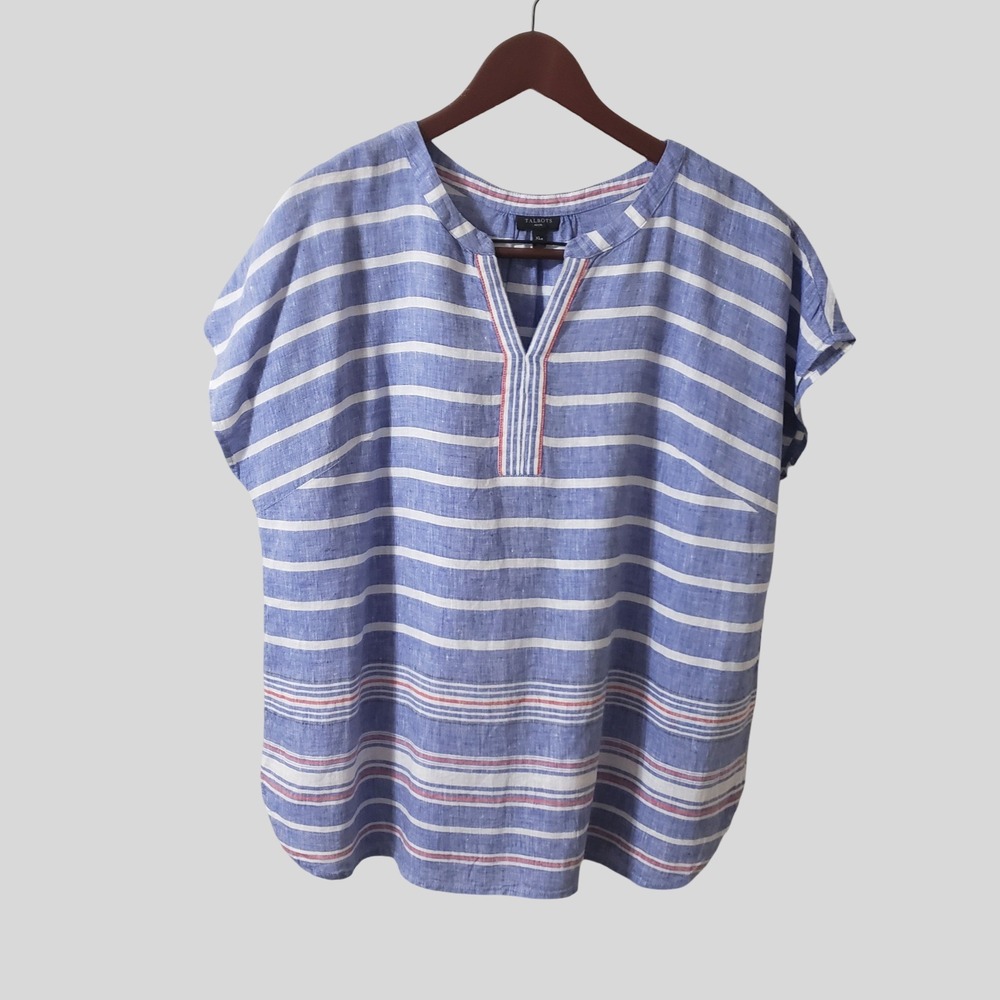 Talbots Petite‎ 100% Linen Popover Top Blue White Stripe Blouse XLP Nautical